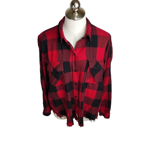 Rails Tops - Rails Larsson‎ Plaid Shirt Womens Size Large Crimson Jet Embroidered Frayed